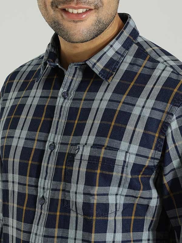 Indian Terrain Men's Slim Fit Full Sleeve Checkered Dark Blue Shirt
